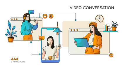 Hand drawn people using technology composition with women networking using devices