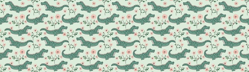Cute crocodile with flowers pattern seamless isolated. Children style. Light pastel green background. Generative AI.