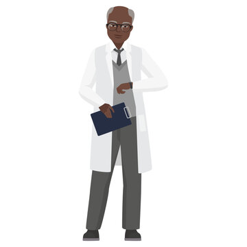 Doctor man looking at watch. Busy hospital worker with analysis clipboard cartoon vector illustration