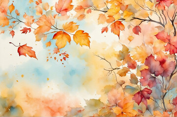 Abstract autumn watercolor art, Bright warm colors, fall leaves, trees, sky