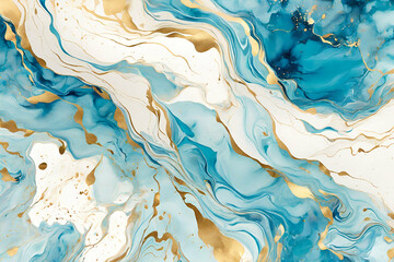 neutral and golden marble, Blue, turquoise watercolor fluid painting - obrazy, fototapety, plakaty