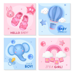 Realistic baby shower illustration collection with baby toys and cute animals for boys and girls