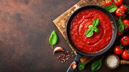 Classic homemade Italian tomato sauce with basil for pasta and pizza in the pan on a wooden chopping board on brown background, top view. - obrazy, fototapety, plakaty