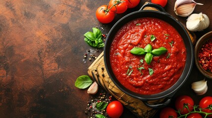 Classic homemade Italian tomato sauce with basil for pasta and pizza in the pan on a wooden chopping board on brown background, top view. - obrazy, fototapety, plakaty