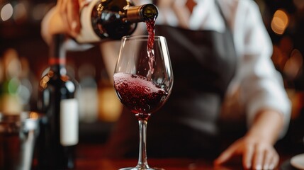 Close up female hand pouring red wine to glass. Wine expert, sommelier tasting, rating and drinking wine, bottles in background. Restaurant, wine bar, waitress. 