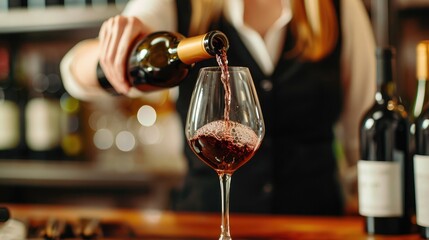 Close up female hand pouring red wine to glass. Wine expert, sommelier tasting, rating and drinking wine, bottles in background. Restaurant, wine bar, waitress.  - obrazy, fototapety, plakaty