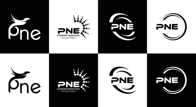 PNE logo. P N E design. White PNE letter. PNE, P N E letter logo design. Initial letter PNE letter logo set, linked circle uppercase monogram logo. P N E letter logo vector design.	
