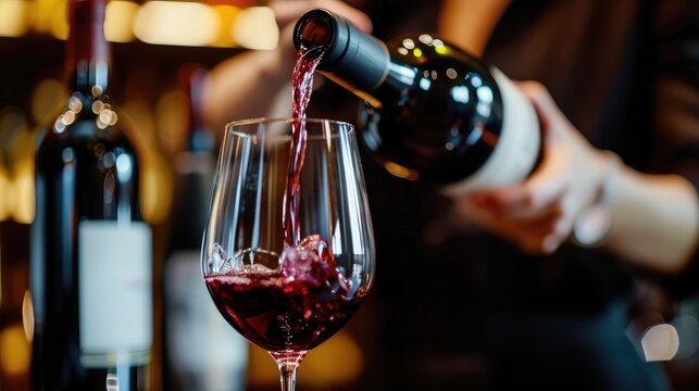 Close up female hand pouring red wine to glass. Wine expert, sommelier tasting, rating and drinking wine, bottles in background. Restaurant, wine bar, waitress. 