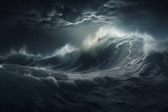 Spectacular background image of stormy ocean with rough and danger wave. Dark sky and cloudy. Digital art 3D illustration