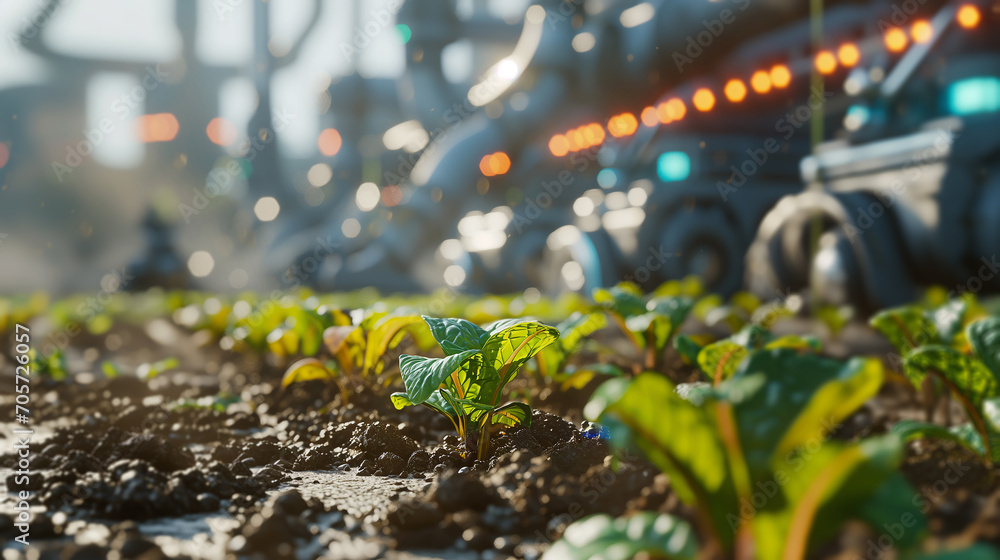 Poster self-operating robots tending to modern, high-tech agricultural fields