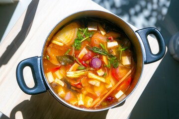 Tom Yum soup is boiling in the pot. Thailand favorite food. sour and spicy soup local food of Thailand