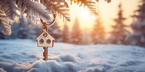 The key on a keychain for a new house hangs on a tree branch against the backdrop of a winter forest on a sunny day. Concept of mortgage, investment, purchase of real estate, house, apartment