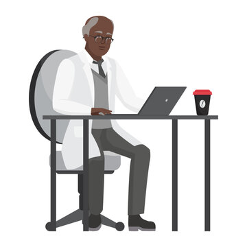 Doctor man working at the table. Hospital worker in white coat in office cartoon vector illustration