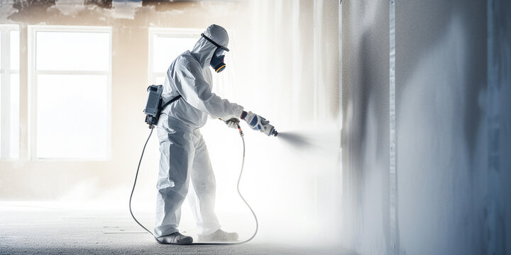 A builder in a protective suit and a respirator spray paints the walls. A male worker paints the walls in a new house with white spray paint. Construction and renovation concept