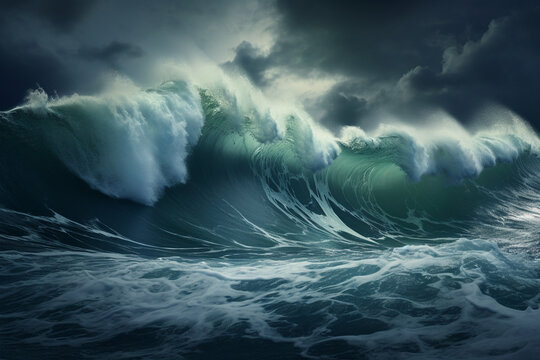 Spectacular background image of stormy ocean with rough and danger wave. Dark sky and cloudy. Digital art 3D illustration