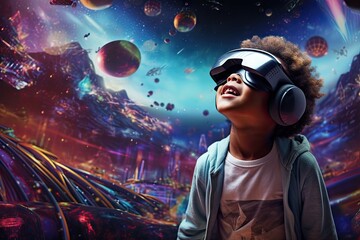 Child experiencing virtual reality with a VR headset, surrounded by a magical cosmos of planet stars and sky lights.
