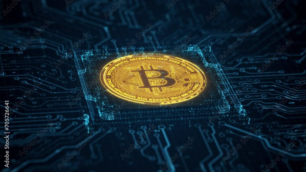 Poster golden bitcoin crypto currency digital technology on circuit board. abstract futuristic 3d render ba