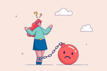 Stressed burden. Mental health or depression, overworked or overwhelmed concept. Anxiety or negative thinking, anger or emotional causing problem, depressed businesswoman chain with sad face burden.