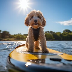 A joyful small dog balancing gracefully on a stand up paddle board floating in the sea or lake....