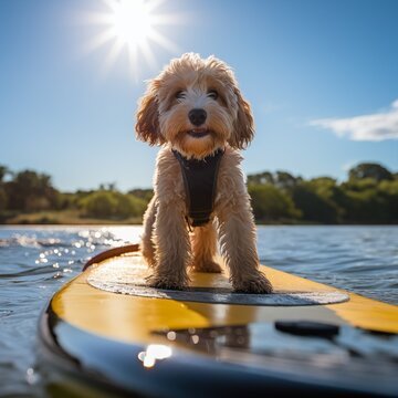 A joyful small dog balancing gracefully on a stand up paddle board floating in the sea or lake. Generative AI image.