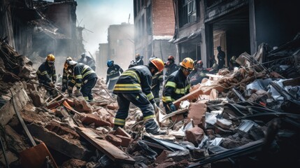 Rescue team is searching for victims through post disaster building ruins. AI generated image - obrazy, fototapety, plakaty