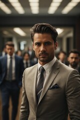 Naklejka premium Portrait of a successful young businessman wearing an expensive suit at a conference. Important negotiations, meetings with partners in the office.