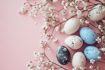Colorful paint eggs with cherry blossoms on pink background