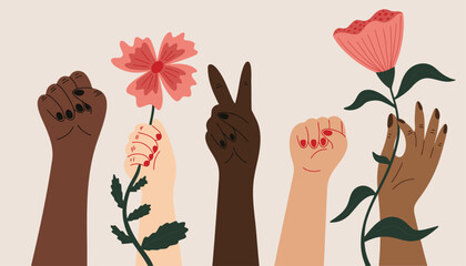 International Women's Day March 8 vector illustration with cartoon hand gestures, signs, peace symbol, feminist, Women's rights, bouquet of flowers, girls power, diversity, different races - obrazy, fototapety, plakaty