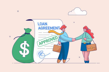 Loan agreement concept, mortgage, debt or obligation to pay back interest rate, borrow money from bank, personal loan or financial support, businessman shaking hand with loan agreement and money bag.