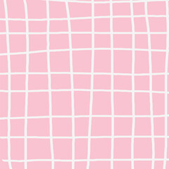 Hand drawn pink white plaid pattern. Check, square doodle background. Line art freehand grid. Crossing white stripes brush stroke. Notebook Texture. Abstract Psychedelic print with Wavy Doodle Stripes