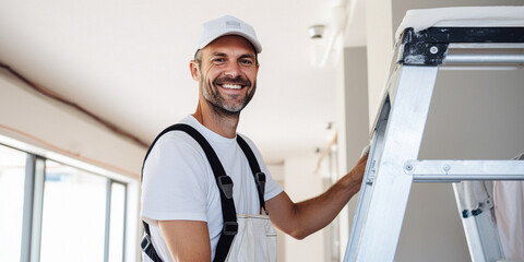 Portrait of a smiling male repairman in a white cap in uniform standing on a stepladder in a house undergoing renovation. Construction and renovation concept