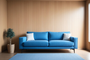 Blue sofa against paneling wall. Minimalist loft home interior design of modern living room