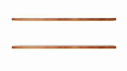 Two wooden wall shelves isolated on transparent background (PNG)