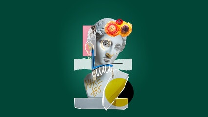 Female attributes. Antique statue bust with doodles and photo elements over dark green background....