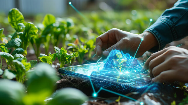 Man in a high-tech greenhouse controls plant environment with hologram tablet