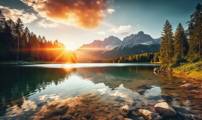 Stunning summer sunrise at eibsee lake with zugspitze mountain range in german alps, bavaria, germany. Breathtaking outdoor scene, nature's beauty in europe. - obrazy, fototapety, plakaty