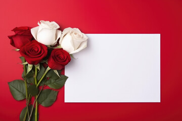 White piece of paper next to a bouquet of roses on a red background Mockup