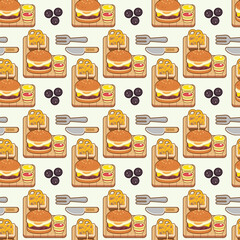 burger with onion rings with chilli sauce and ketchup seamless pattern