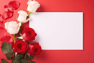 White piece of paper next to a bouquet of roses on a red background Mockup