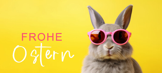 Frohe Ostern Konzept Feiertag Grußkarte mit deutschem Text - Cooler Osterhase, Kaninchen mit rosa...