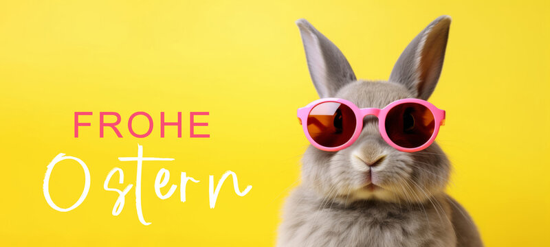 Frohe Ostern Konzept Feiertag Gru&szlig;karte mit deutschem Text - Cooler Osterhase, Kaninchen mit rosa Sonnenbrille, isoliert auf gelbem Hintergrund