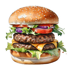 Classic hamburger isolated on transparent background, watercolor art. ai generative - obrazy, fototapety, plakaty