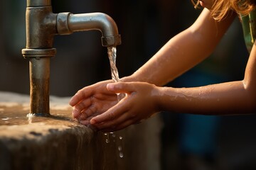 Child washes his hands with water from street water pump. Generative AI