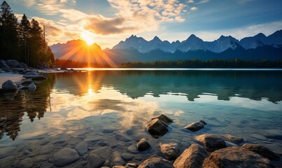 Stunning summer sunrise at eibsee lake with zugspitze mountain range in german alps, bavaria, germany. Breathtaking outdoor scene, nature's beauty in europe. - obrazy, fototapety, plakaty