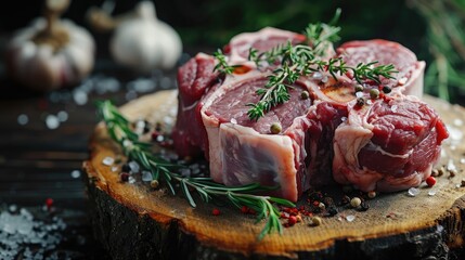 Closeup view of raw beef neck with thyme, garlic and spice on wooden stump 