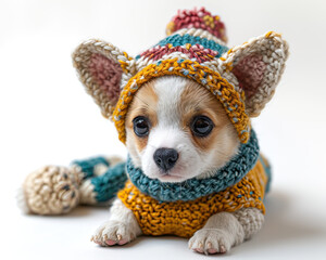 Crochet handmade dog shape  pastel color on white background 