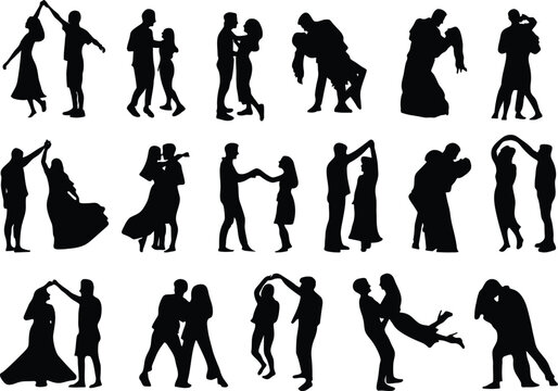 set of silhouettes of dancing couples, people, romantic couples, dancing, flat graphic resources