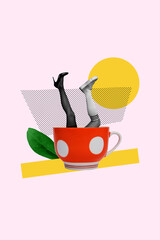 Vertical collage creative poster black white filter two human legs stick out big cup beverage retro...