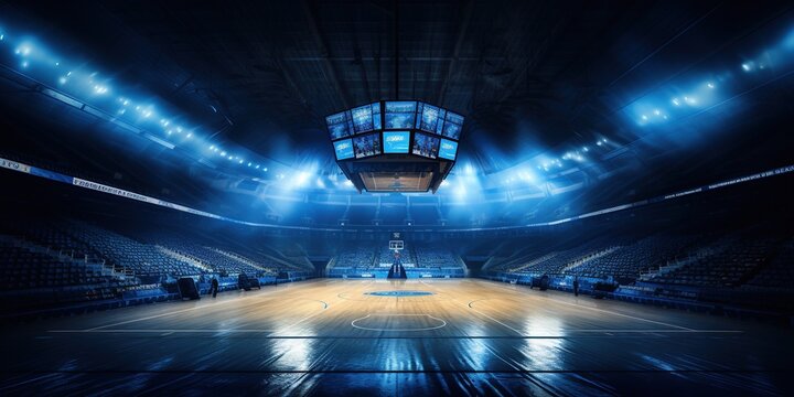 Empty basketball arena, stadium, sports ground with flashlights and fan sits