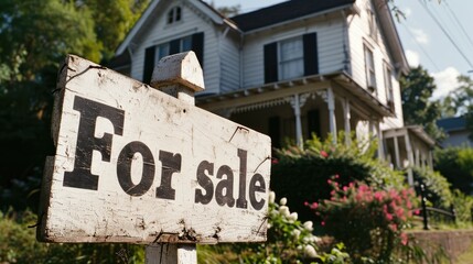 Obraz premium Large suburban old house with for sale sign wooden board in the yard. House for sale.